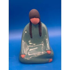 Navajo Woman Sitting green dress braids Jack Black Style Pottery unsigned 9"